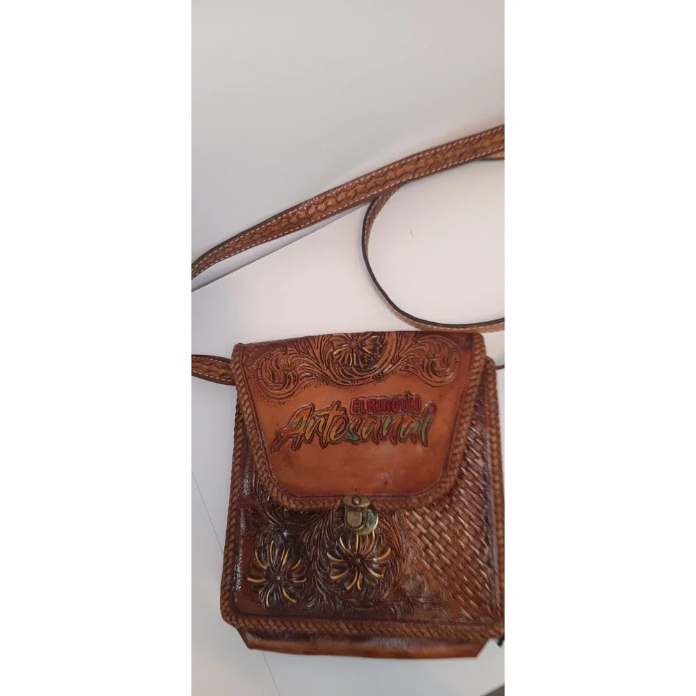 Vintage purse Leather Hand Tooled Handbag El Rincon Mexico Artesanal Boho Retro
